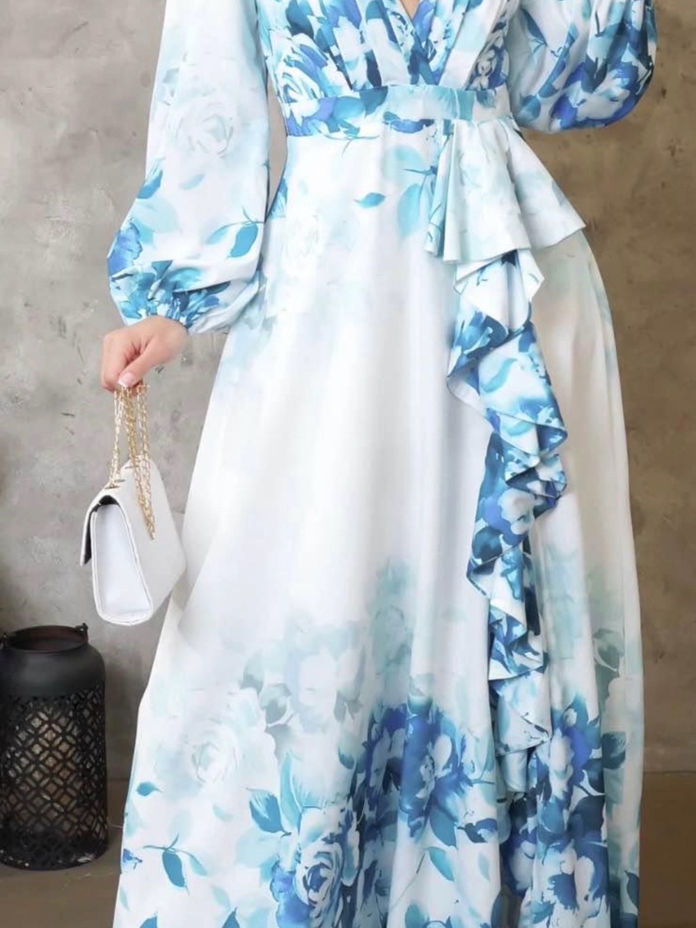 Elegant Blue Floral Maxi Dress with Ruffle Detail